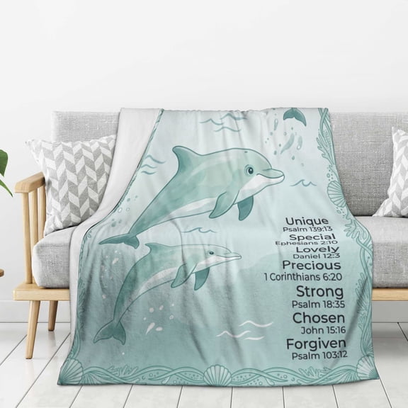 Dolphin Blanket Inspirational God Says Theme Nautical Scene Throw, Beautiful Home Room Decor 50x40