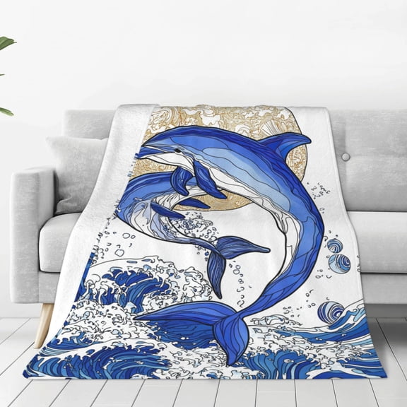 Dolphin Blanket, Line Art Flannel Throw, Soft Warm Blanket for Bed Couch & Travel,50x40