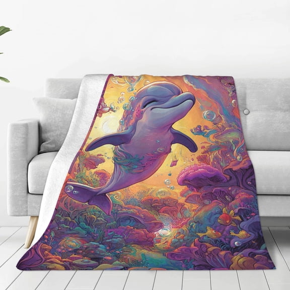 Dolphin Blanket, Magical Ocean Flannel Throw, Soft Cozy Blanket for Bed Couch & Travel, 50x40