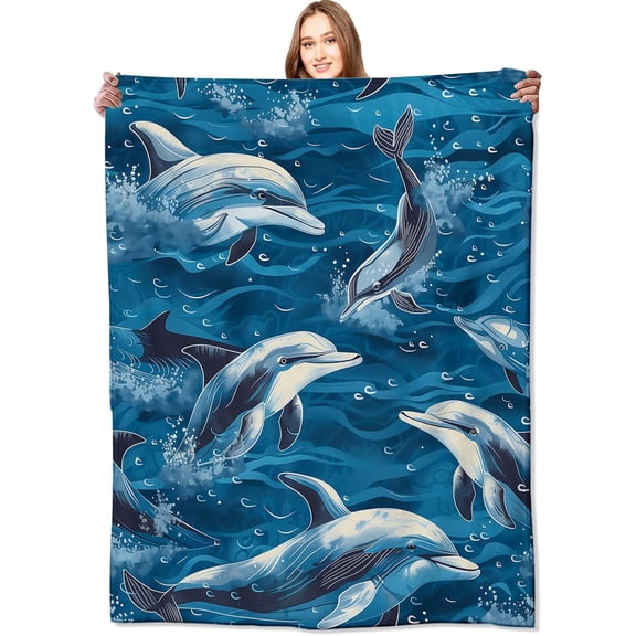 Dolphin Blanket Marine Life Blue Blankets,Birthday Gifts for Users Adult & Ocean Lovers,Lightweight Soft Fleece Cozy for Sofa Couch Bed Room Nautical Decor 40x50in