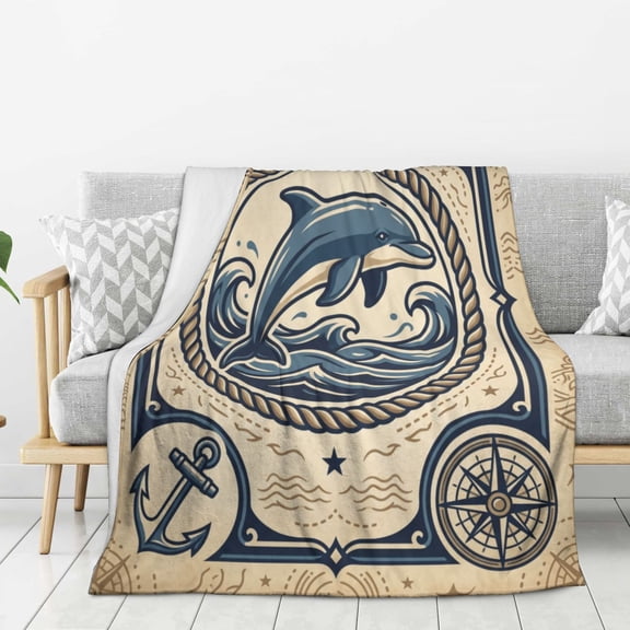 Dolphin Blanket Minimalist Cottagecore Style Aquatic Life Art Throw, Creative Room Decor for Adults 50x40