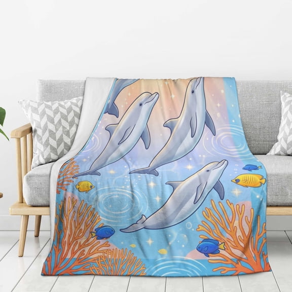 Dolphin Blanket Modern Coastal Style Aquatic Art Print, Beautiful All Season Bed Bedding for Adults 50x40