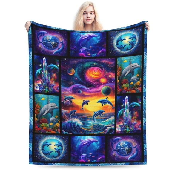 Dolphin Blanket, Ocean Dolphin Throw Blanket, Blue Sea Gifts Blankets Stuff Fleece Flannel Plush for Women Men Lovers 50x40