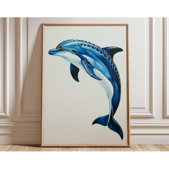 Dolphin Blue Sea Life Nautical Wall Art Print, Unframed Paper Poster 8x10in