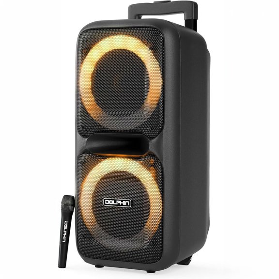Dolphin SP-2080RBT Bluetooth Speaker - High Power Portable, Wireless Microphone, Deep Bass, LED Lights, USB/SD Card, Rechargeable Long Lasting Battery