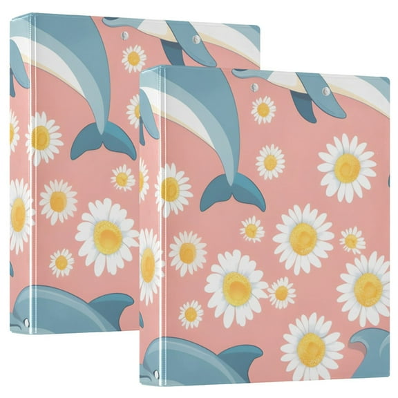 Dolphin Cartoons and Daisy Flower 3 Ring Binders 1.5 inch Hardcover File Folders with Interior Pockets A4 Size Organizer for School Office Hospital Set of 2