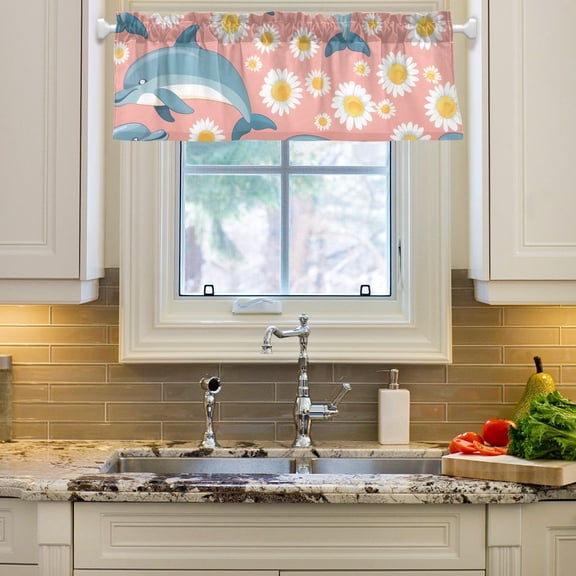 Dolphin Cartoons and Daisy Flower Curtain Valances Farmhouse Design Window Treatment Decor Blackout Rod Pocket for Windows Living Room Kitchen 54" x 18"