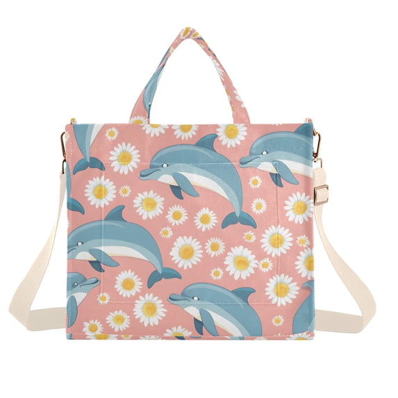 Dolphin Cartoons and Daisy Flower Corduroy Tote Bag Handbag Large Messenger Bag Shoulder Crossbody Zipper Bag Purse
