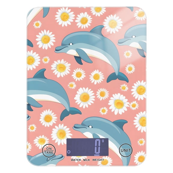 Dolphin Cartoons and Daisy Flower Food Scale Digital Kitchen Scale Waterproof Tempered Glass Tare Function 11 lb for Baking Cooking Meal Prep