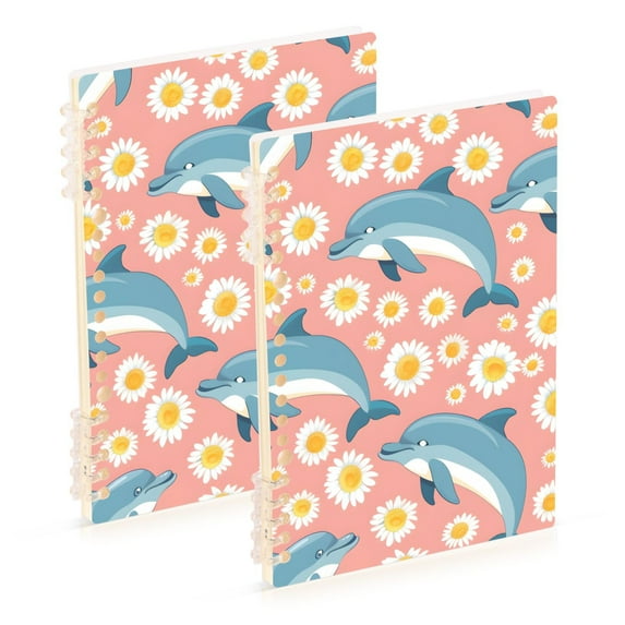 Dolphin Cartoons and Daisy Flower Ring Binder Notebook Journey Note Diary College Ruled Spiral Notebook Study Loose Leaf Paper A5 60 Pages