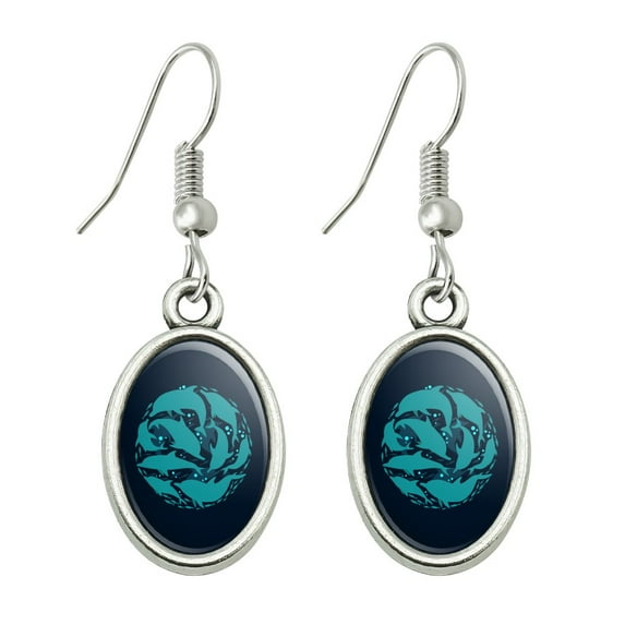 Dolphin Circle Sardines Ocean Fish Novelty Dangling Drop Oval Charm Earrings