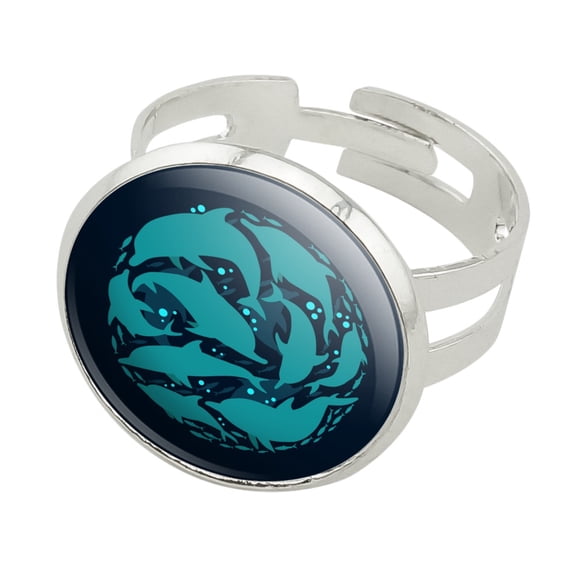 Dolphin Circle Sardines Ocean Fish Silver Plated Adjustable Novelty Ring