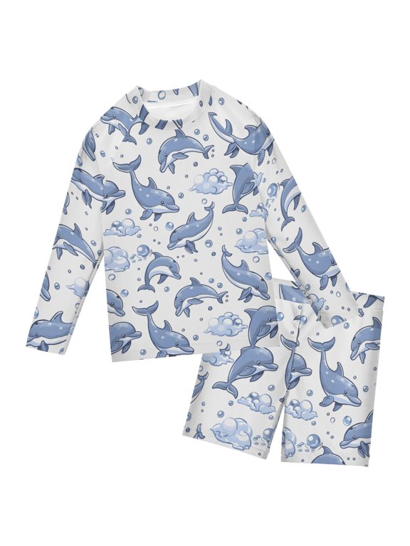 Dolphin Cloud Bubble Pattern Boys' Bathing Suit UPF 50+ Boys' Rash Guard Sets Stretchy Quick Dry 3T-10T