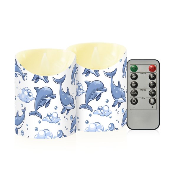 Dolphin Cloud Bubble Pattern Flameless Candles 2 PCS with Remote Realistic Moving Flame LED Tapered Pillar Set for Home Decor