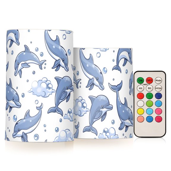 Dolphin Cloud Bubble Pattern Flameless LED Candle Set with Remote, Battery Operated Color Changing Pillar Candles, Set of 2