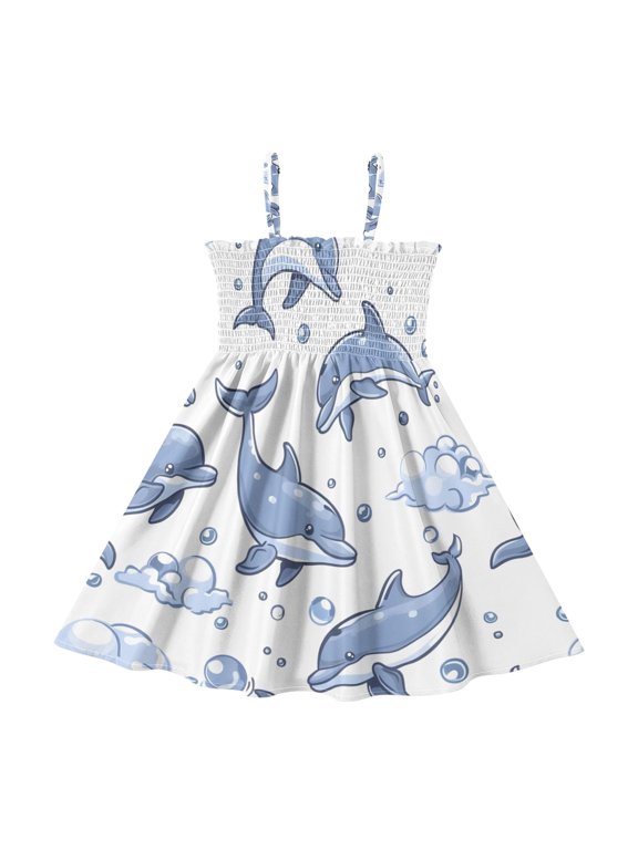 Dolphin Cloud Bubble Pattern Girls' Casual Dresses 2Y-8Y Sleeveless Ruffle Neck for Summer Daily Wear
