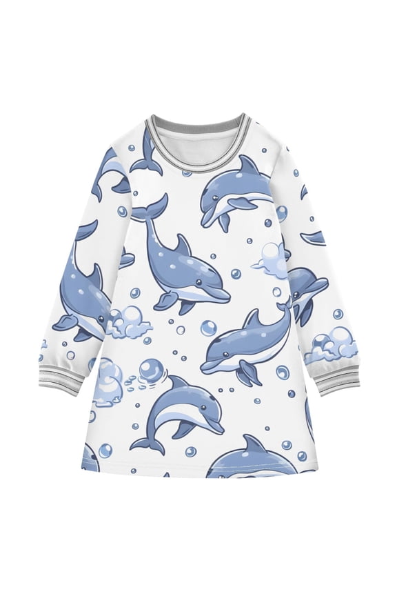 Dolphin Cloud Bubble Pattern Girls'long-sleeved dress Thickened A-dress Warm Dress Basic Shirt Party Dresses