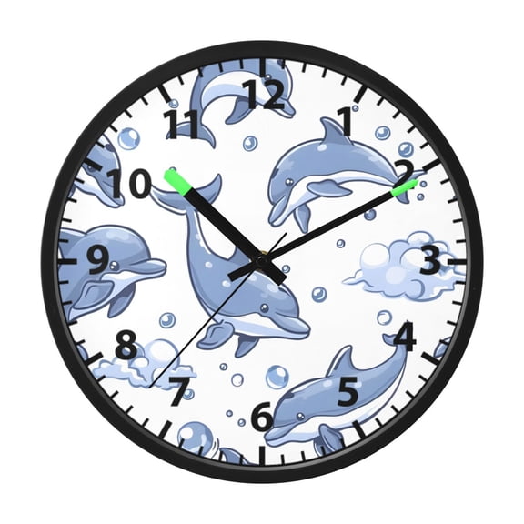 Dolphin Cloud Bubble Pattern Wall Clock 12 Inch Voice Activated Night Light Silent Non Ticking