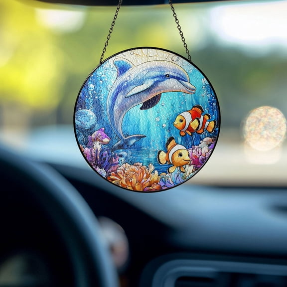 Dolphin & Clownfish Underwater 2D Flat Stained Glass Window Hanging - Colorful Ocean Life Sun Catcher - Vibrant Coral Reef Decor for Home, Car, or Office - Perfect Gift for Ocean Lovers