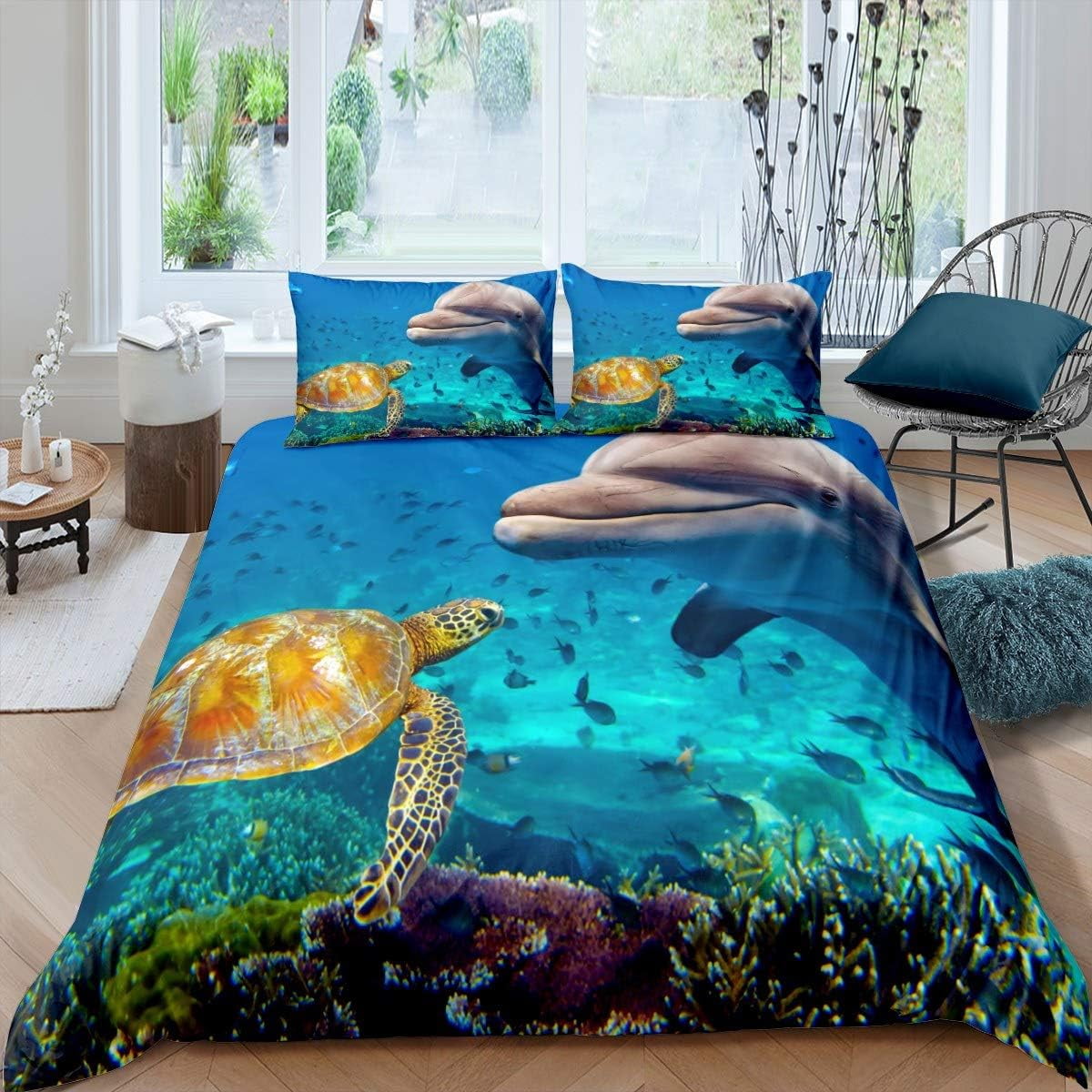 Dolphin Comforter Cover Kids Cute Sea Turtle Octopus Starfish Creatures Bedding Set Ocean Marine