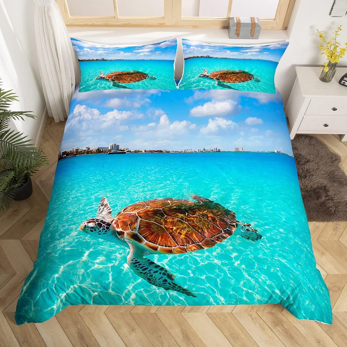 Dolphin Comforter Cover Kids Cute Sea Turtle Octopus Starfish Creatures Bedding Set Ocean Marine
