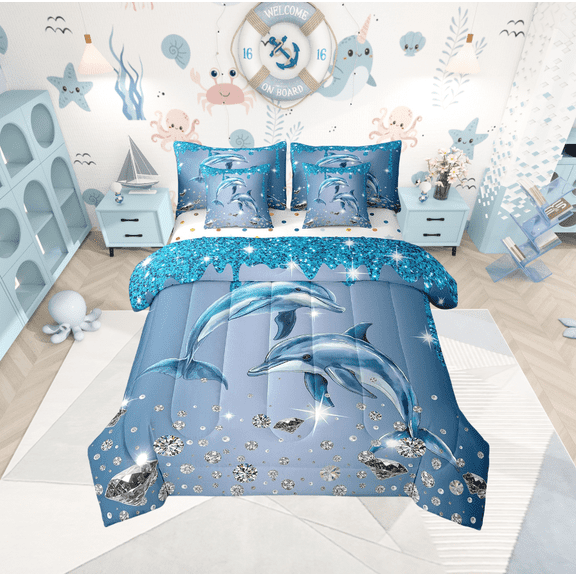 Dolphin Comforter Set 7 Piece Bed in a Bag Twin,Blue Sequin Fluid Art Bedding Set,Crystal Diamond Comforter and Sheet Set Nautical Sea Animal Bed Set,Coastal Creature Ocean Decor