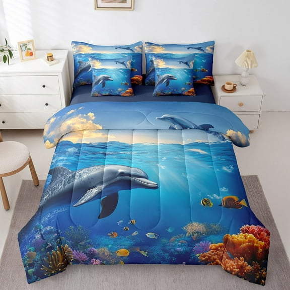 Dolphin Comforter Set 7 Piece Bed in a Bag Twin,Nautical Sea Animal Bedding Sets,Tropical Coastal Sheet Set with Comforter Blue Ocean Bed Set,Underwater World Hawaii Beach Decor