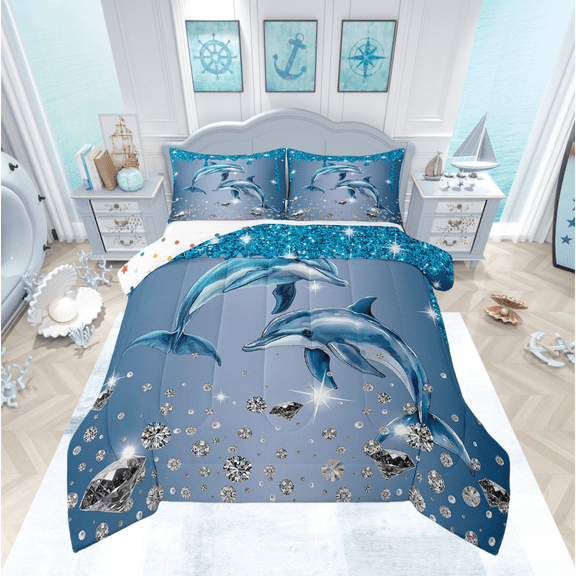 Dolphin Comforter Set Blue Sequin Fluid Art Twin Bedding Sets,Crystal Diamond Bed Set Nautical Sea Animal Duvet Insert,Coastal Creature Ocean Decor
