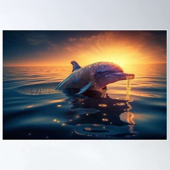 Dolphin Coming Out Of The Water At Sunset Poster Wall Art, Modern Wall Decor For Living Room Bedroom, 12x18 UNFRAMED
