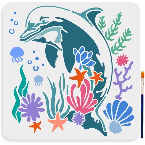 Dolphin Coral Stencil 11.811.8inch Large Sea Ocean Creatures Stencil with Paint Brush Summer Starfish Jellyfish Seaweed Seashells Template for DIY