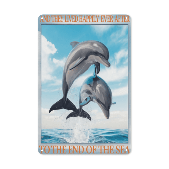 Dolphin Couple And They Lived Happily Ever After Metal Tin Sign Beach House Bathroom Bedroom Decor Perfect For Hanging In Living Room Coastal Style Vintage Finish Weatherproof Coating Gift For