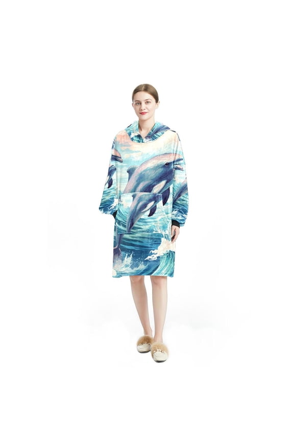 Dolphin Cozy Microfiber Polyester Sweatshirt Blanket - Warm Plush Hoodie Jumper for Men and Women - Oversized Wearable Blanket with Pockets - Grey Color - Ultra Soft Fleece Fabric