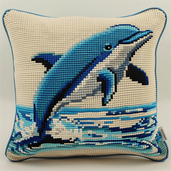 Dolphin Cross Stitch Kits pre Stamped Pillowcase , 45X45cm , Needlepoint Craft Set Handmade Craft for Sofa Home Decor (11 Count)