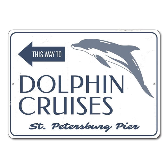 Dolphin Cruises Sign, This Way Arrow Beach Location Pier Decor, Custom Dolphin Lover Aluminum Sign - 10x14 inches