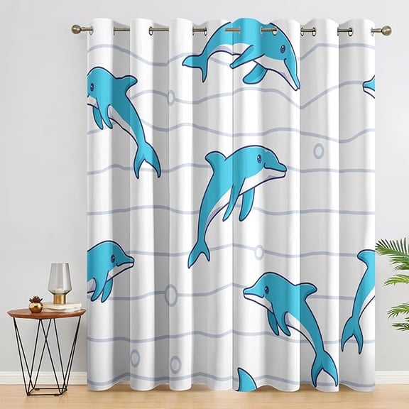 Dolphin Curtains for Bedroom, Dolphin Curtains, Cartoon Window Treatments, Kids Boys Girls Home Decor Drapes, Grommet Black Out Drapes 53"W x 96"L (Pack of 2)