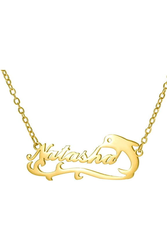 Dolphin Custom Name Necklace, Gold Plated Stainless Steel Personalized Nameplate Pendant Necklaces, Cross Chain, 6 Chain Length Options