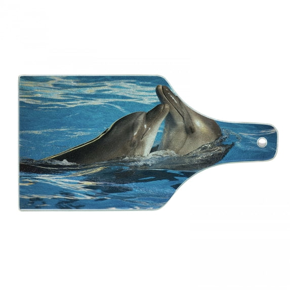 Dolphin Cutting Board, Aqua Show Pair of Dolphins Dancing in the Pool Animal Family Tenderness Love, Tempered Glass Cutting and Serving Board, Wine Bottle Shape, Blue Dark Taupe, by Ambesonne