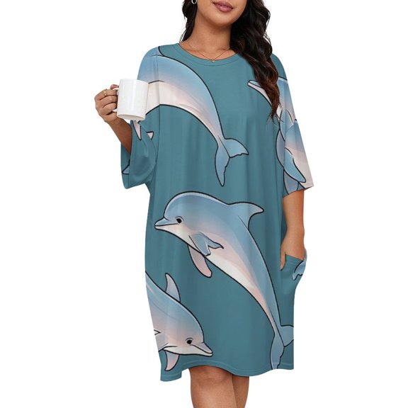 Dolphin Dark Blue Background Sleepshirts For Sleeping Travels Loose Sleepdress Pajama Dress Soft Nightdress Sleepwear