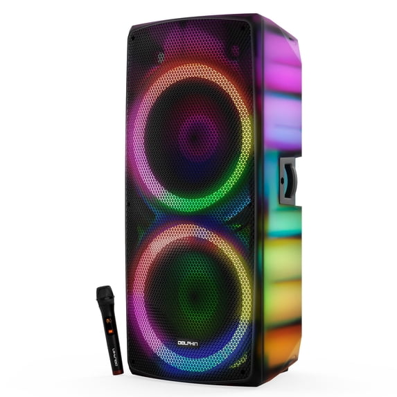 Dolphin SPX-290BT Dual 15" Bluetooth Party Speaker – Translucent Cabinet, 200W RMS, Deep Bass, XLR Inputs, LED Light Show, 5-Star Sound Clarity, DJ & Karaoke Ready