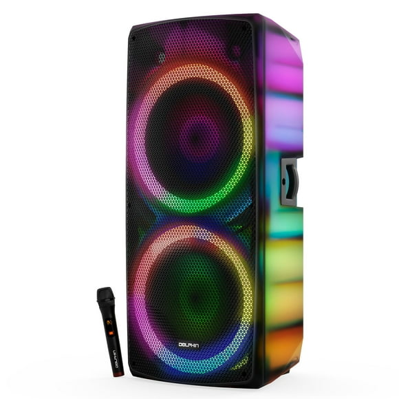 Dolphin Dual 15" Bluetooth Party Speaker Translucent Cabinet, 200W RMS, Deep Bass, XLR Inputs, LED Light Show, 5-Star Sound Clarity, DJ & Karaoke Ready
