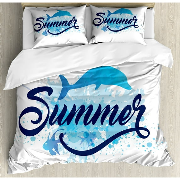 Dolphin Duvet Cover Set, Abstract Summer Lettering with Fish and Dolphin with Color Splashes Image, Decorative 3 Piece Bedding Set with 2 Pillow Shams, Queen Size, Dark Blue Pale Blue, by Ambesonne