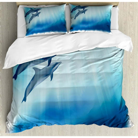 Dolphin Duvet Cover Set Queen Size, Underwater Scene with Two Ocean Mammals in Watercolor Style Swimming Image, Decorative 3 Piece Bedding Set with 2 Pillow Shams, Dark Blue Pale Blue, by Ambesonne