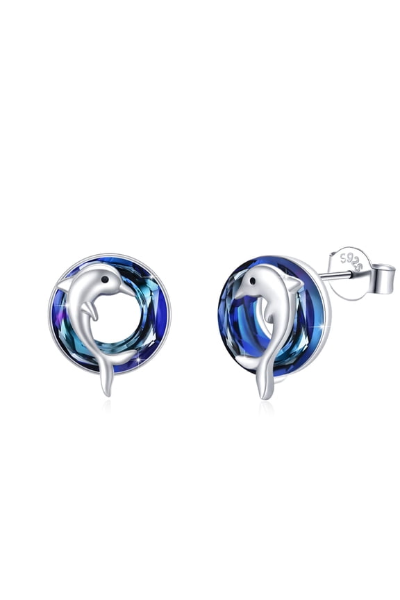 Dolphin Earrings S925 Sterling Silver Circle Blue Crystal Ocean Earrings Animal Dolphin Jewelry Gifts for Women Birthday Anniversary