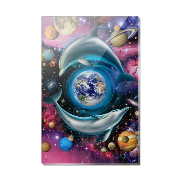Dolphin Earth World Solar System Yin Yang Rectangle Acrylic Fridge Refrigerator Magnet