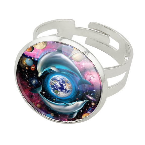 Dolphin Earth World Solar System Yin Yang Silver Plated Adjustable Novelty Ring