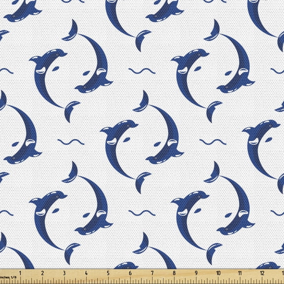 Ambesonne Dolphin Fabric by the Yard Upholstery, Playful Big Fish Rounds, 2 Yards, Cobalt Blue Night Blue