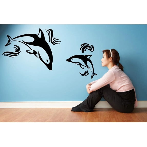 Dolphin Family Friends Sea Ocean Water Animal Wall Sticker Art Decal for Girls Boys Kids Room Bedroom Nursery Kindergarten House Fun Home Decor Stickers Wall Art Vinyl Decoration Size (8x10 inch)