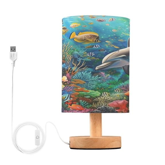 Dolphin Fish Coral under Sea Bedside Table Lamp Desk Warm Lights with USB Charging Port Cylinder LED Lamps for Bedroom Living Room Office