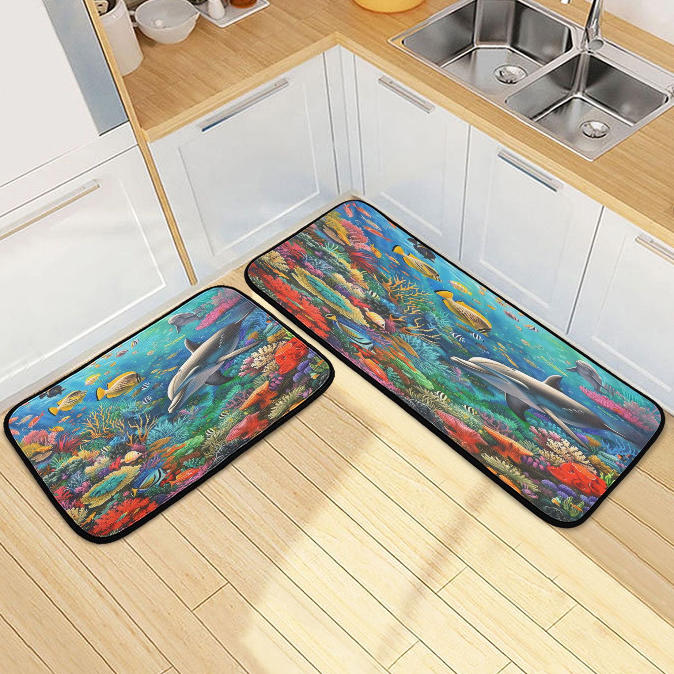 Dolphin Fish Coral under Sea Kitchen Rugs Set Non Slip Mats Runner for ...