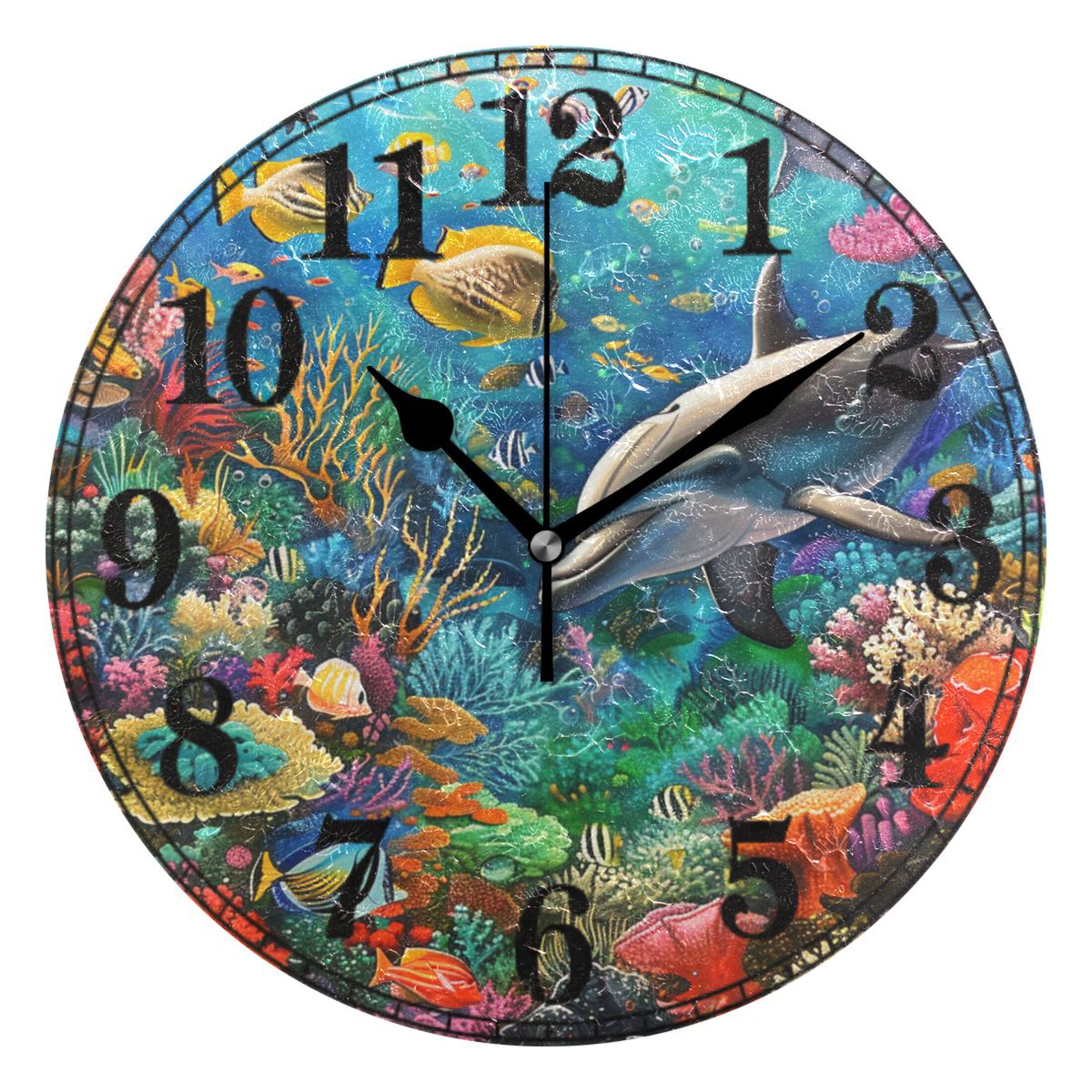 Dolphin Fish Coral under Sea Silent Wall Clock 10" Non-Ticking Battery ...